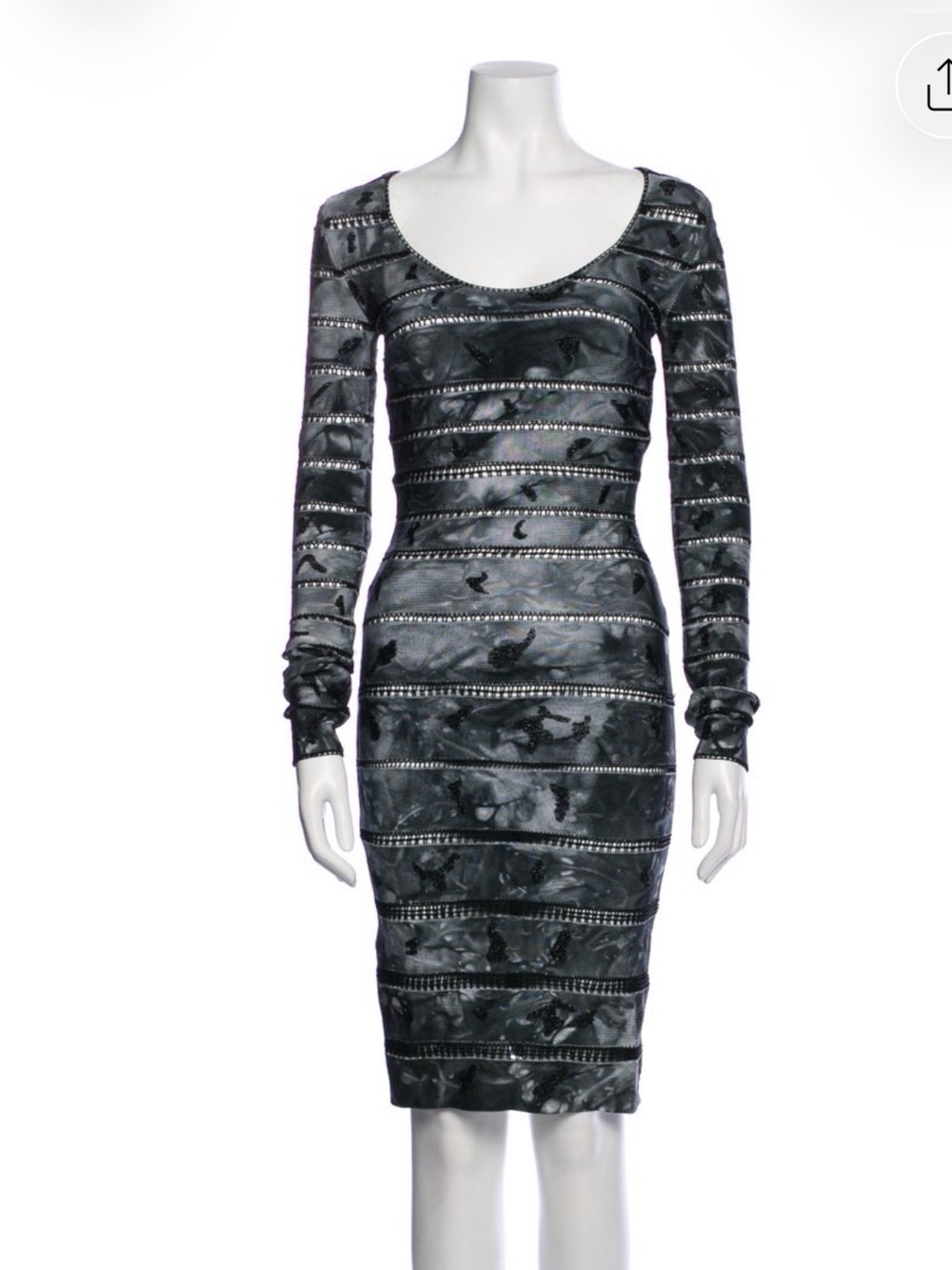 Herve Leger Long Sleeve Scoop Neck Bandage Dress in Charcoal